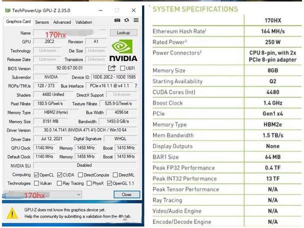 8GB 164mhs NVIDIA CMP 170hx PCI Express 3,0 X16 met 256 bits 0